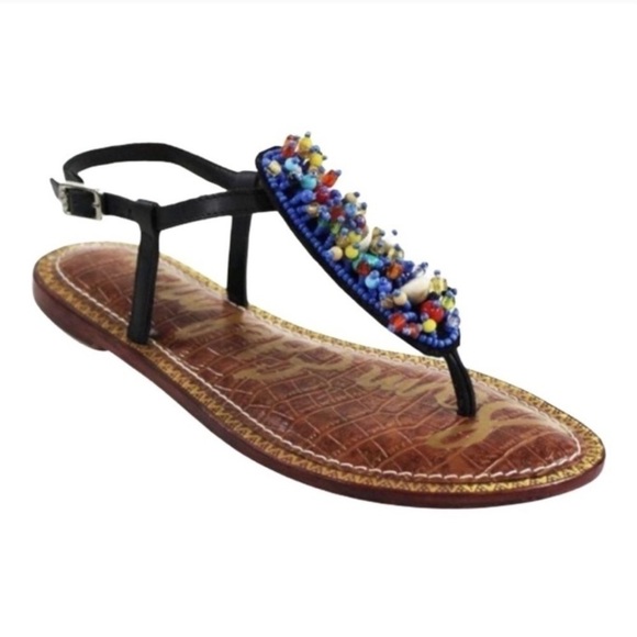 Sam Edelman Gabrielle Colorful Beaded Thong Ankle Strap Flat Sandals Leather 8 - Picture 1 of 16
